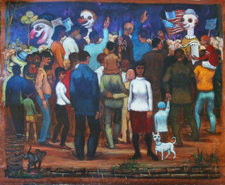 Albert Pels (1910-1998): Halloween Parade, Greenwich Village, c. 1985, Oil on Canvas, 22" x 26", SLR, Unframed. Titled and dated on verso.