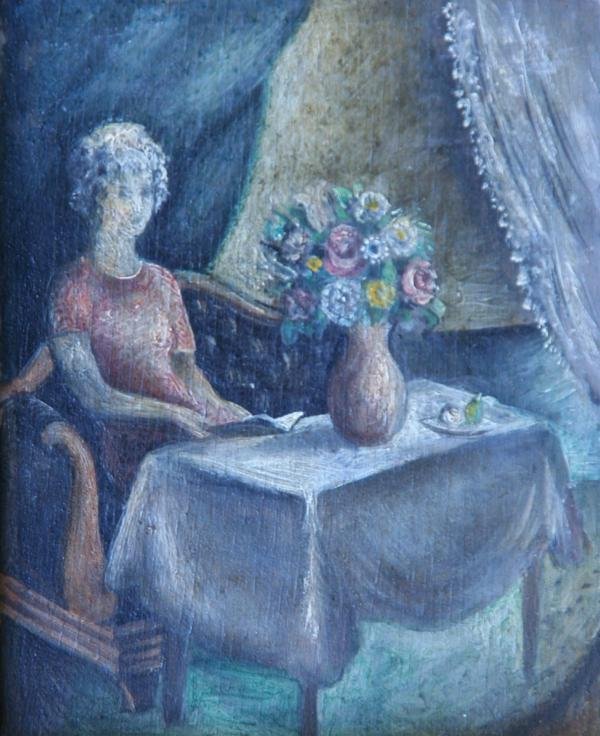 Konrad Cramer (1888-1963): Woman Reading, 1922, Oil on Wood Panel, 4 1/4" x 3 1/2", Signed on Verso by Aileen Cramer, Framed. Provenance: Estate of Aileen Cramer.
