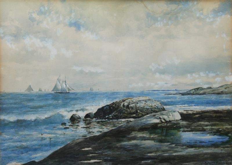 Edmund Darch Lewis (1835-1910): Schooners Off Coastline, 1892, Watercolor and Gouache on Paper, 22" x 30", Signed and Dated LR, Framed. Newman Galleries, Philadelphia, label on verso.