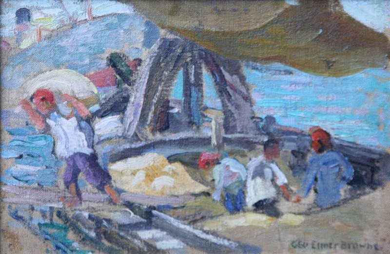 George Elmer Brown (1871-1946): Dockside-France, c. 1915, Oil on Canvas Board, 7" x 10", SLR, Framed. Gallery Stamp/Paris on verso.