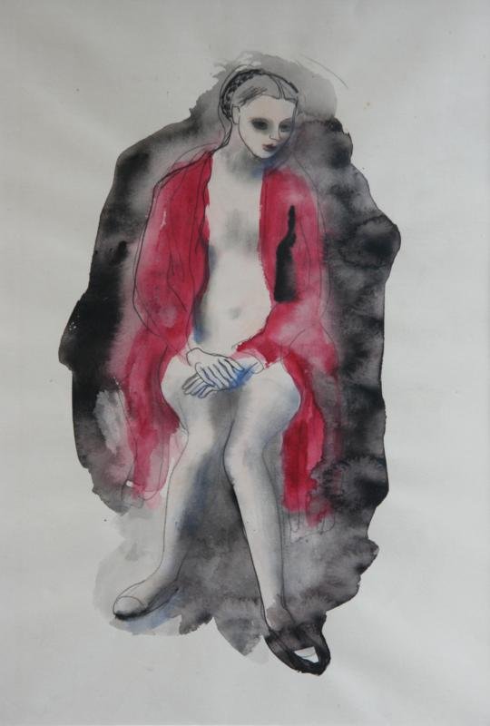 John Carroll (1892-1959): Seated Nude in Red Robe, Watercolor, 14 1/2" x 10", Unsigned, Framed.