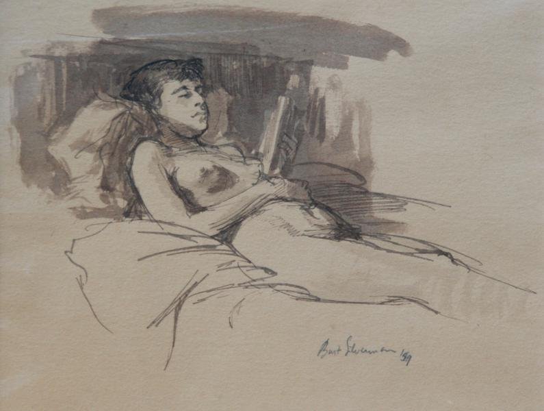 Burt Silverman (b. 1928): Reclining Nude Reading, Ink Wash, 1959, 9 3/4" x 11 1/4", SLR, Unframed.