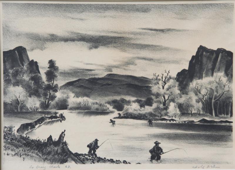 Adolpn Dehn (1895-1968): Fishing in Colorado, 1944, Lithograph, A/P, 9 1/2" x 13 1/2", SLR, Unframed.