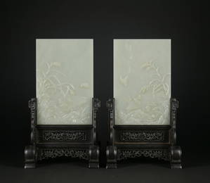 A pair of jade 'figure and poems' screen