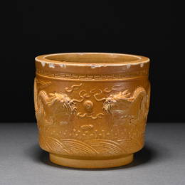 A yellow glazed 'dragon' column censer,Qing dynasty