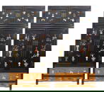 A pair of Chinese hardwood lacquer cabinets inlaid with treasures, antiques, Eight Immortals and