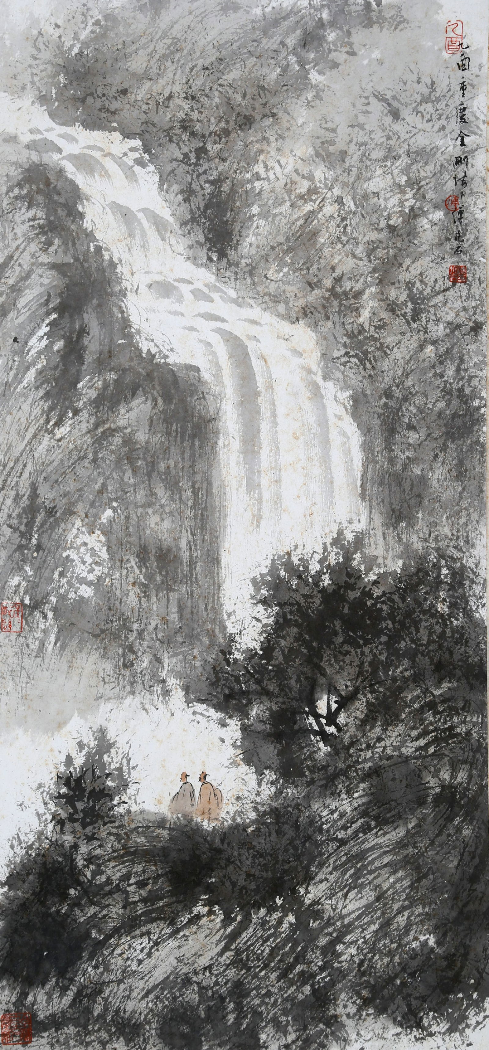 Fu Baoshi's Waterfall Viewing Drawing Lens: 95*44cm