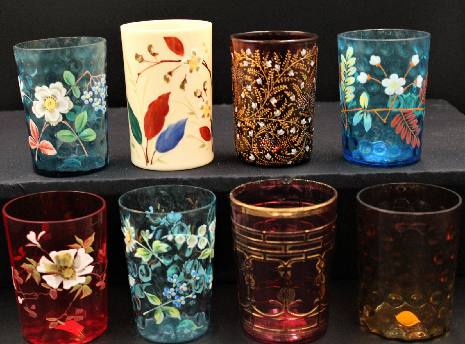 8pc. Lot Victorian Art glass Tumblers: Lot of 8pc. tumblers to include Pigeon Blood, Amberina, and enameled.