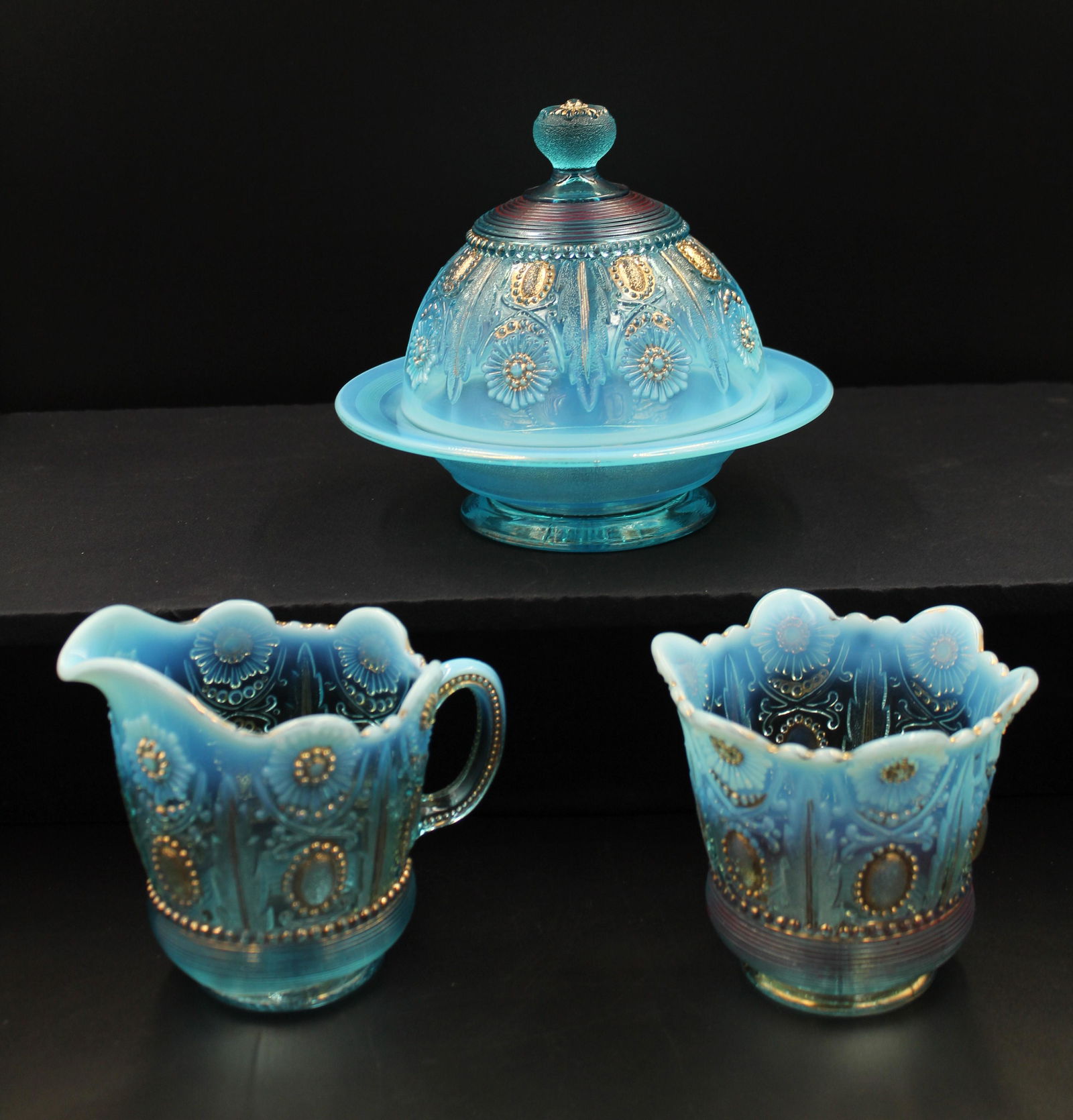 Northwood Blue Opalescent Jewel & Flower Table set (1 of 3)