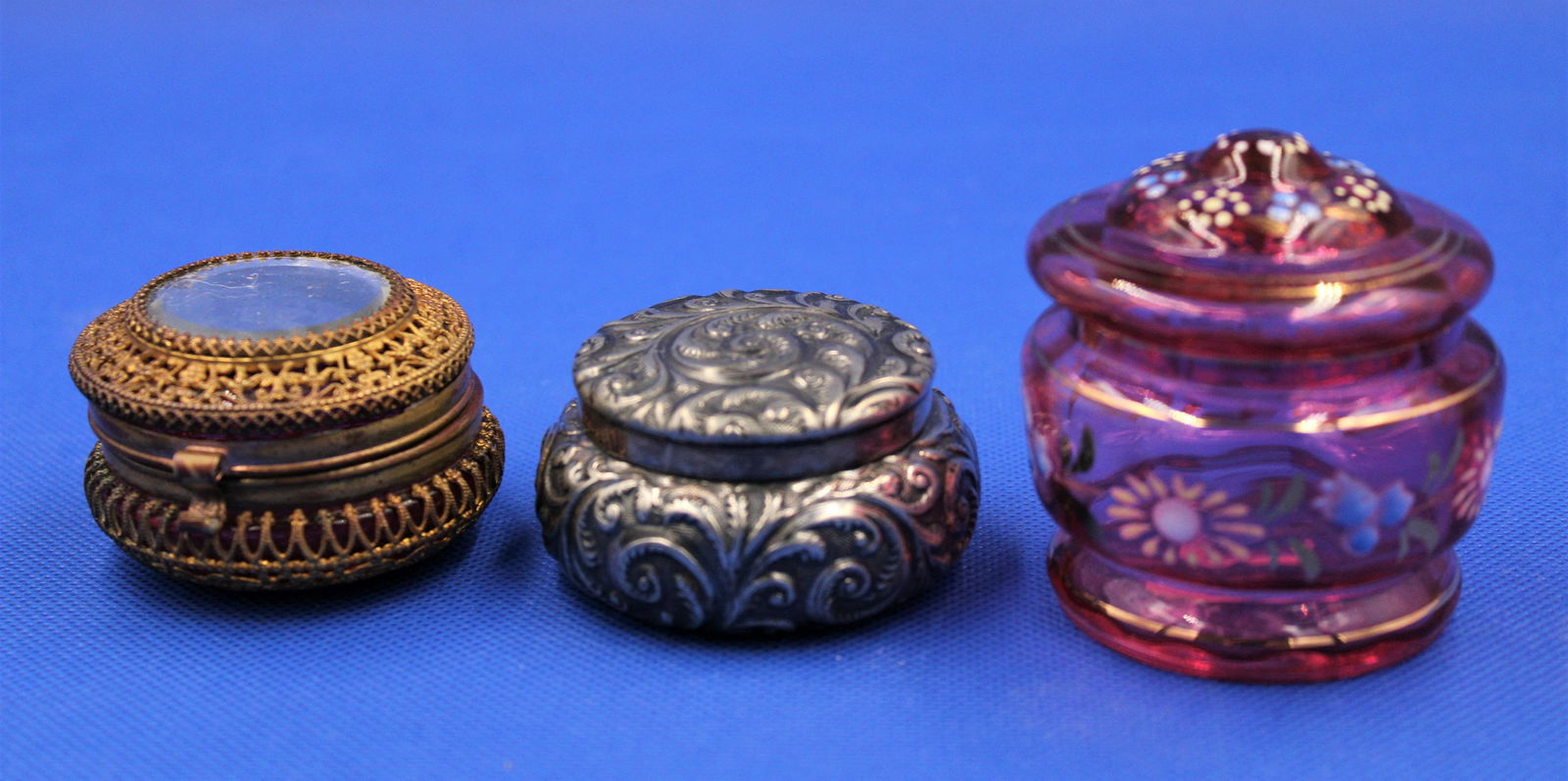 3pc. Lot of Victorian Cranberry Silverplate Pill Boxes (1 of 5)