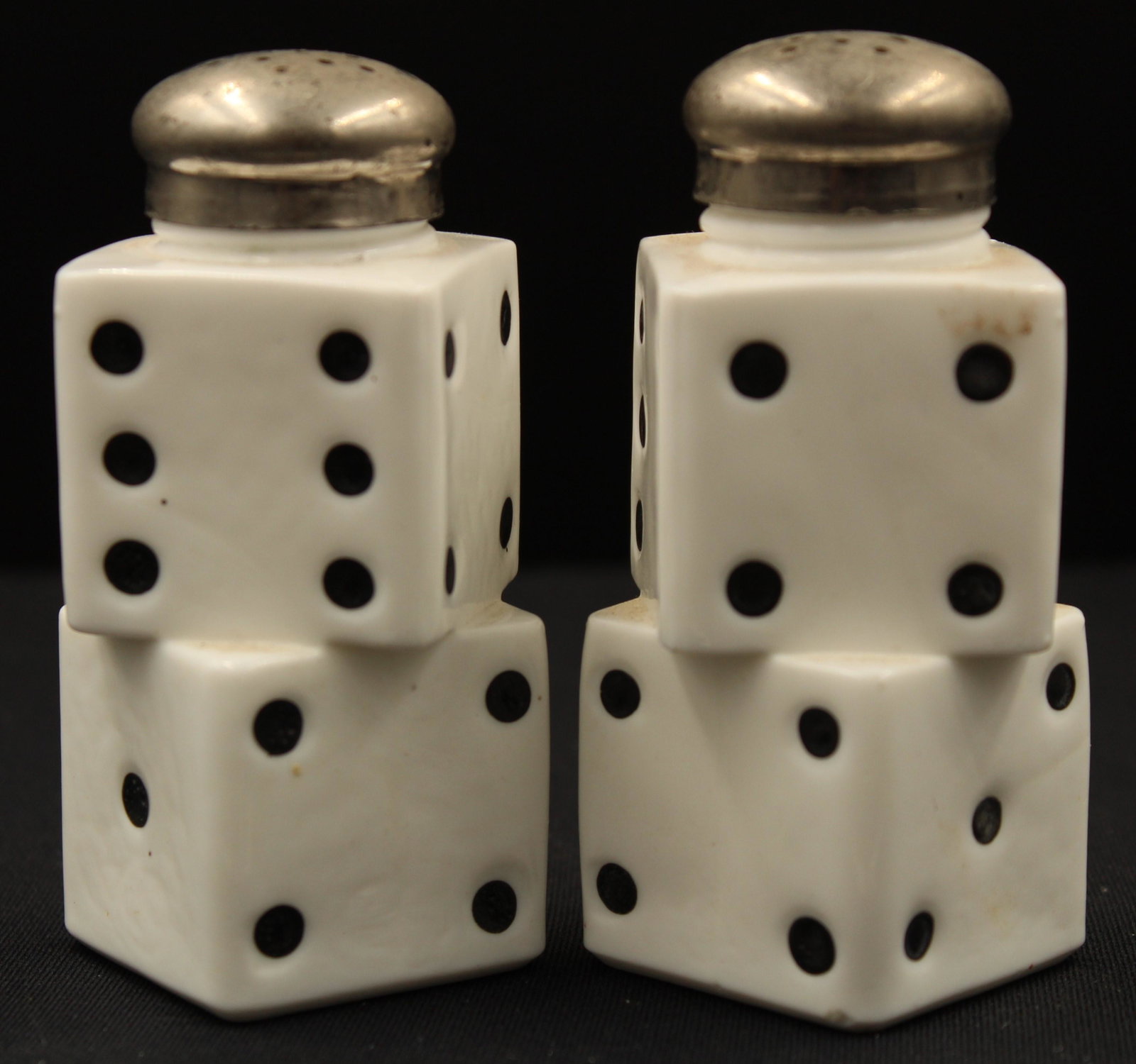Pair of Double Dice Victorian Glass Salt Shakers: Pair of Victorian Double dice salt shakers. Enameled black dots. Each measures 3 3/4" H.