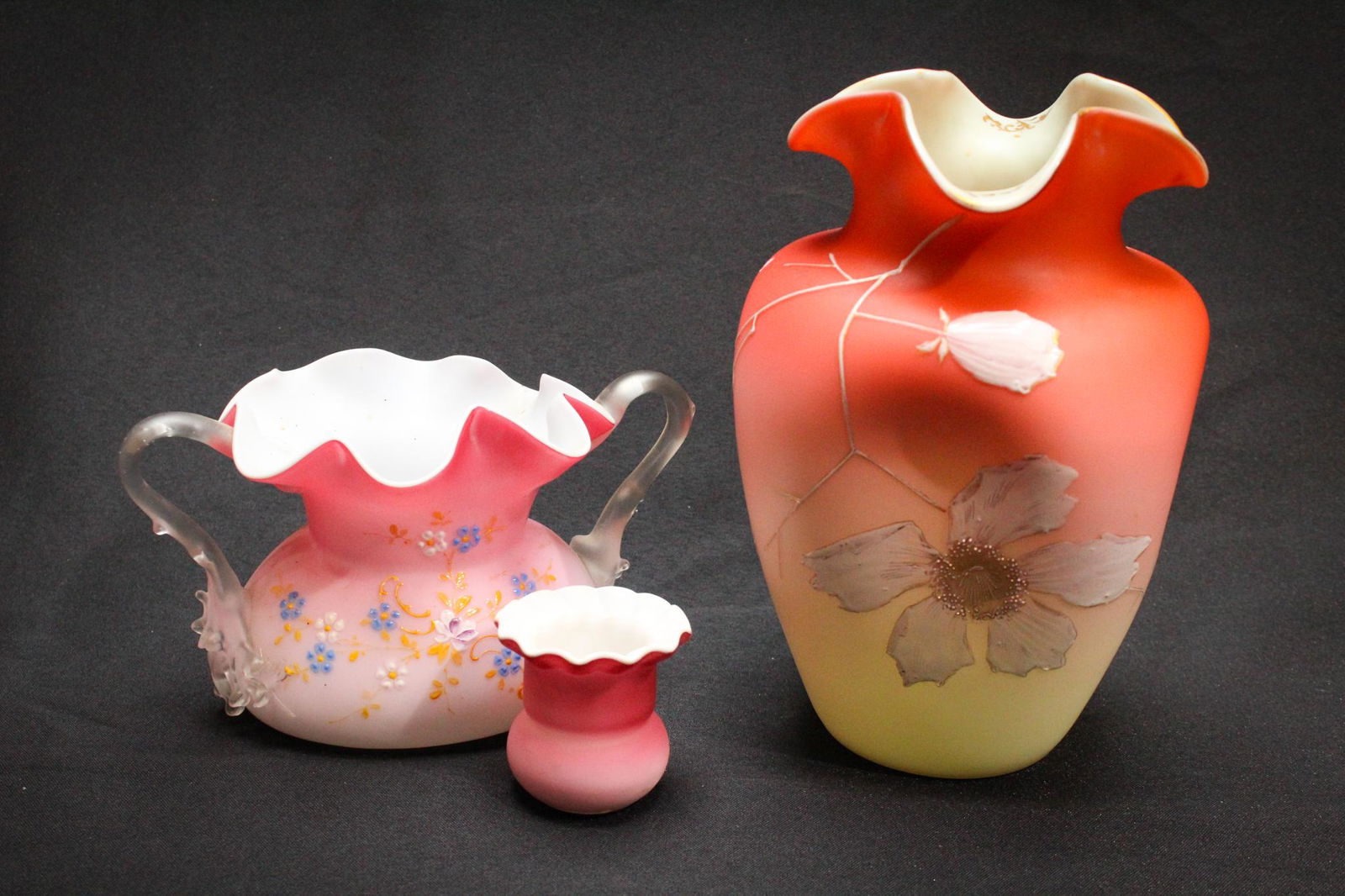 Lot of 3pcs Satin Victorian Enameled Glass Vases (1 of 6)