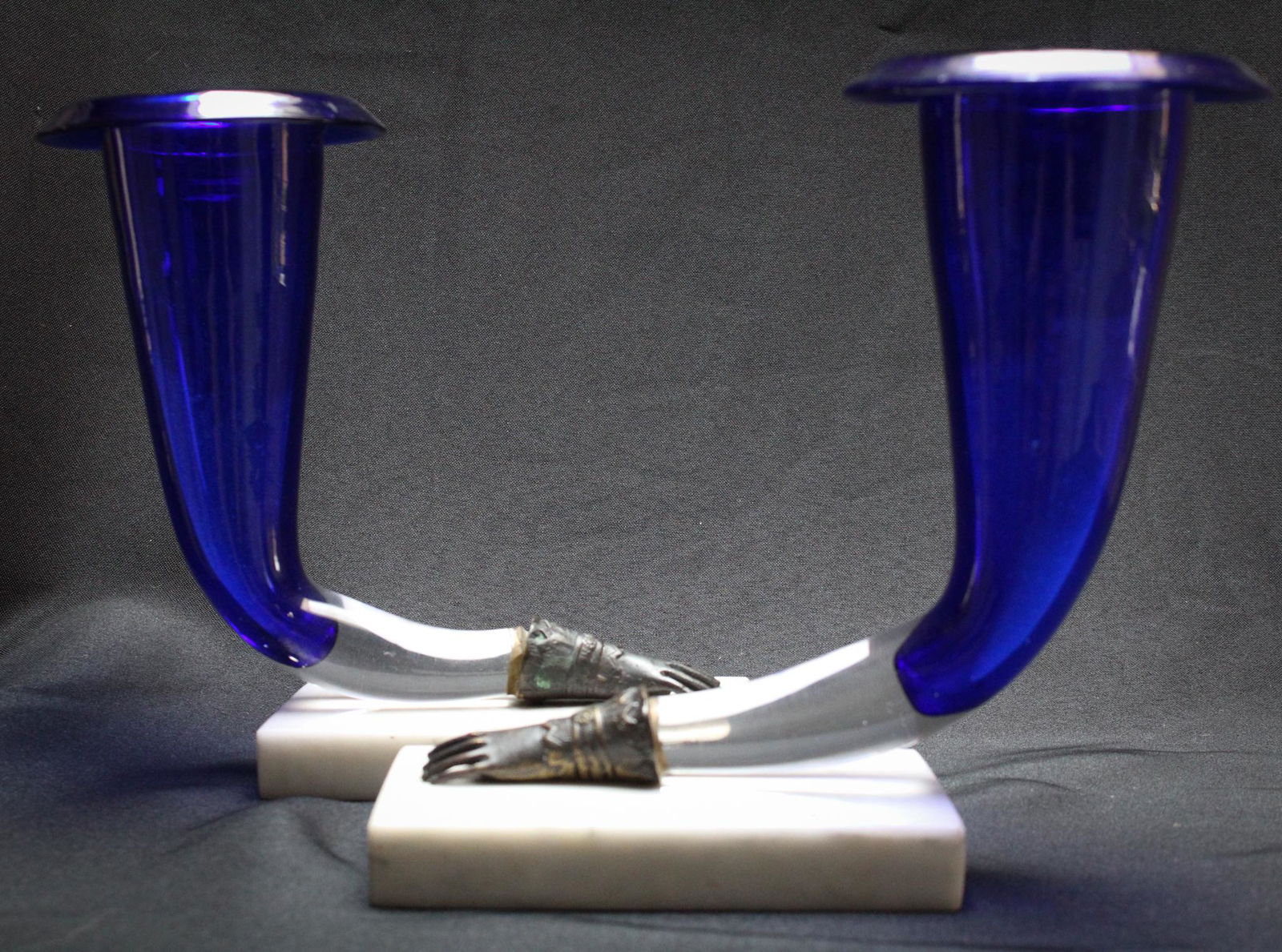 Pair of Cobalt Victorian Glass Cornucopia vases (1 of 4)