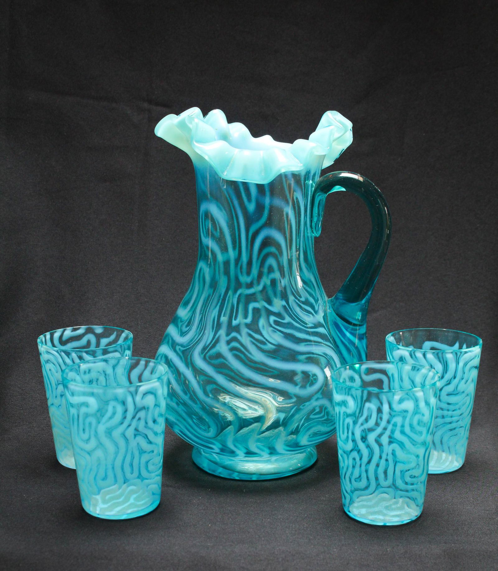 Rare Blue Opalescent Swirling Maze 5pc Water Set (1 of 8)