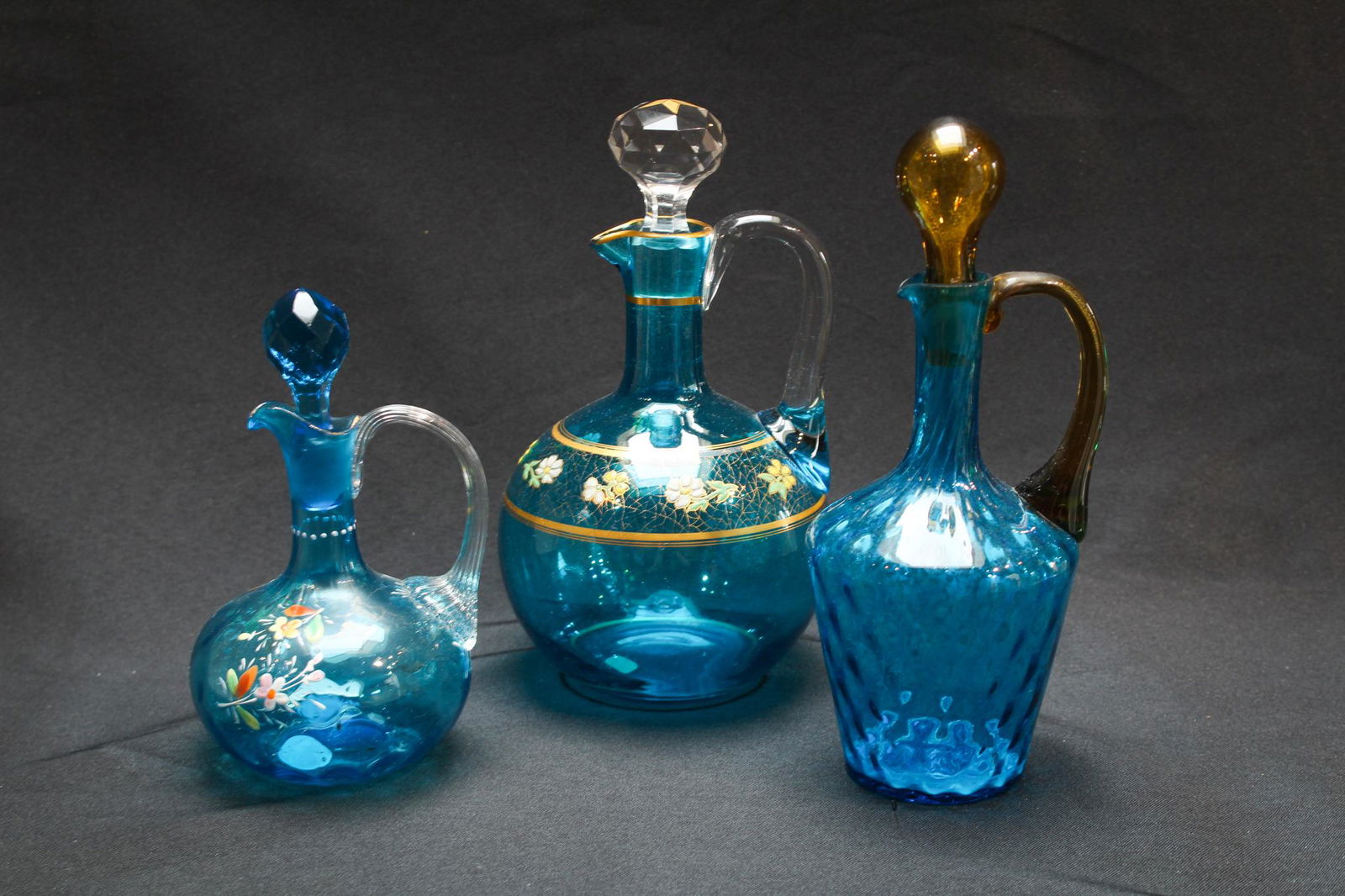 Lot of 3pcs Blue Enameled Victorian Glass Cruets (1 of 2)