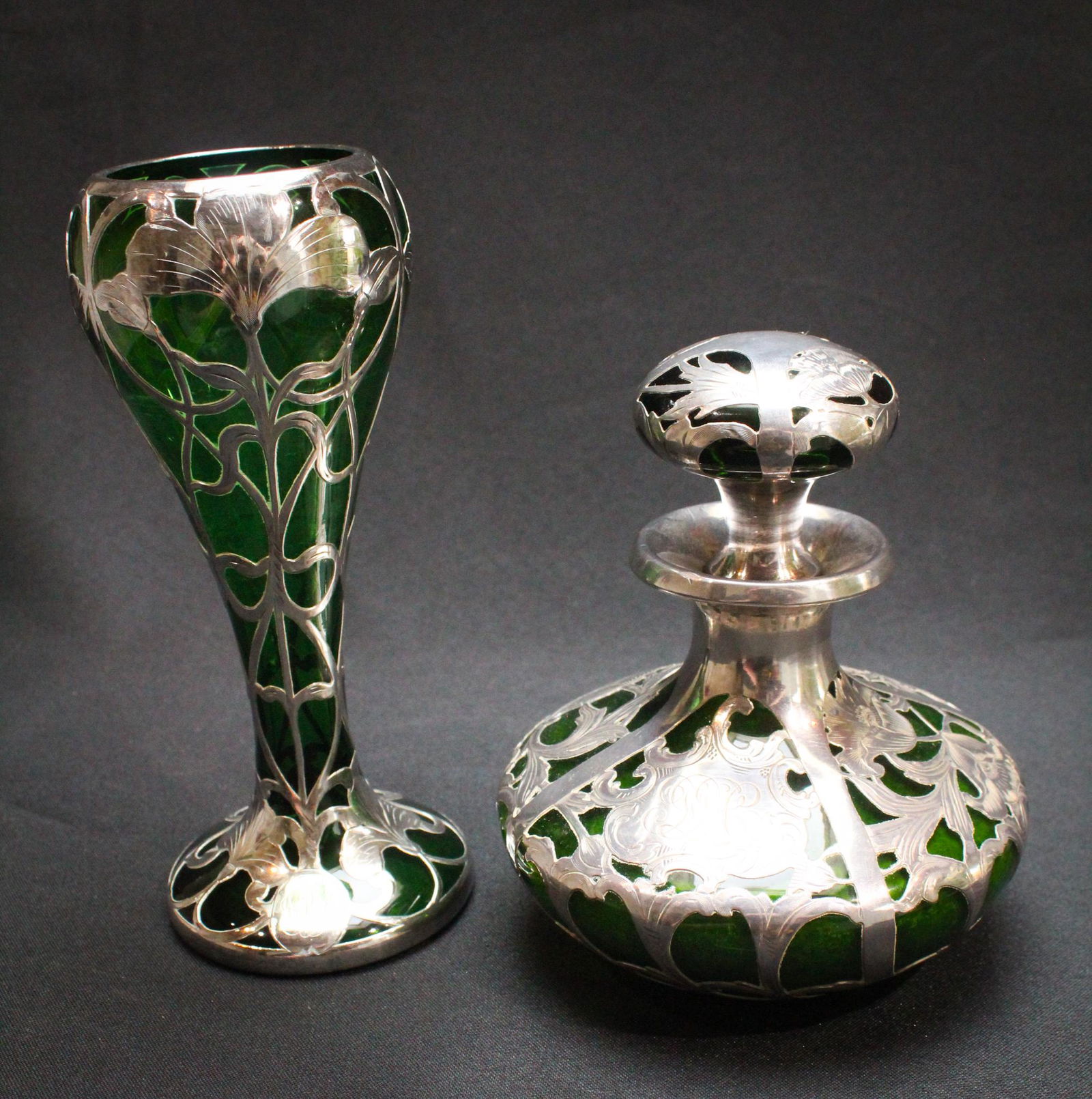 2Pcs Antique Sterling Overlay emerald Green Glass (1 of 7)