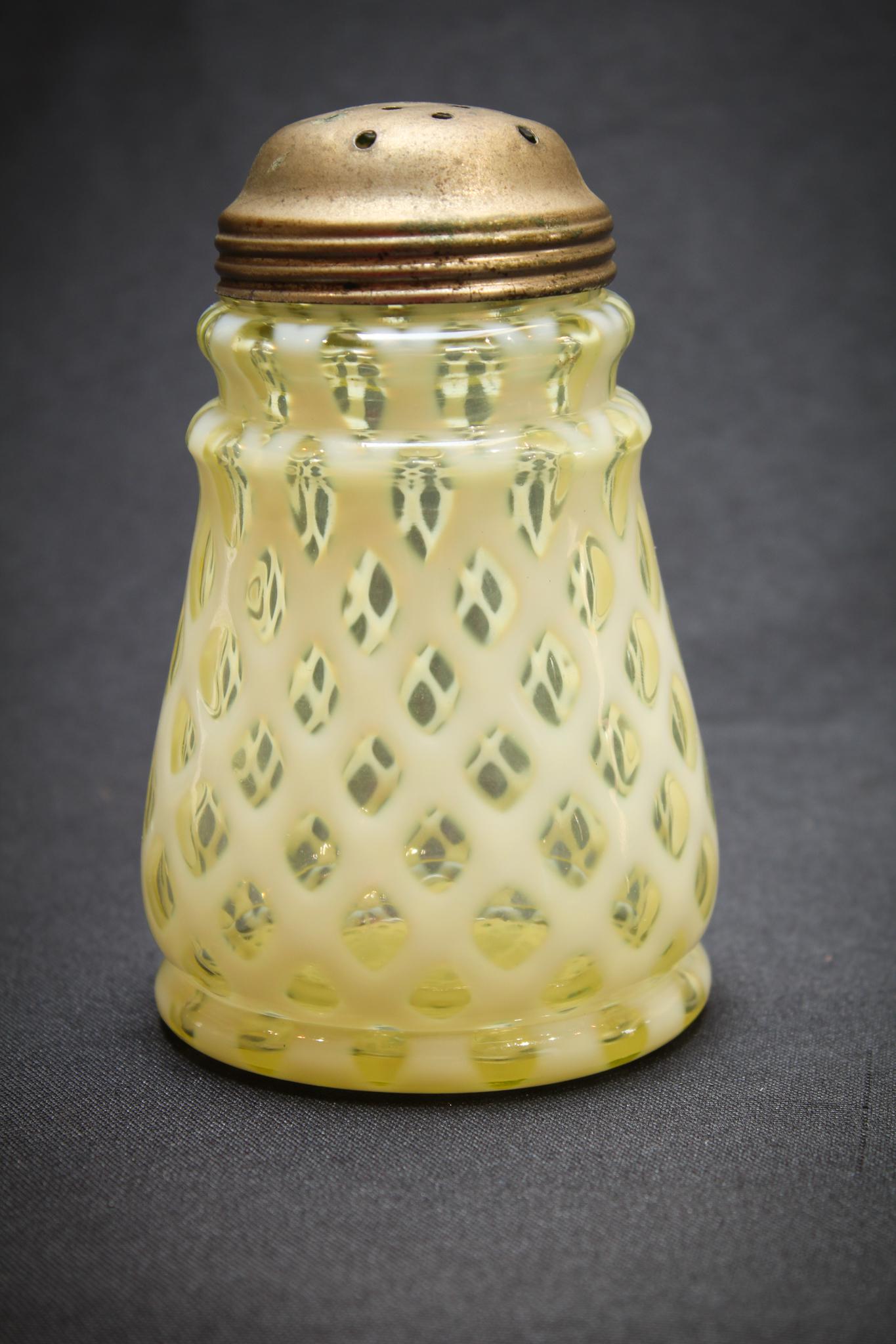 Scarce Vaseline Opalescent Bubble Lattice Sugar Shaker (1 of 3)
