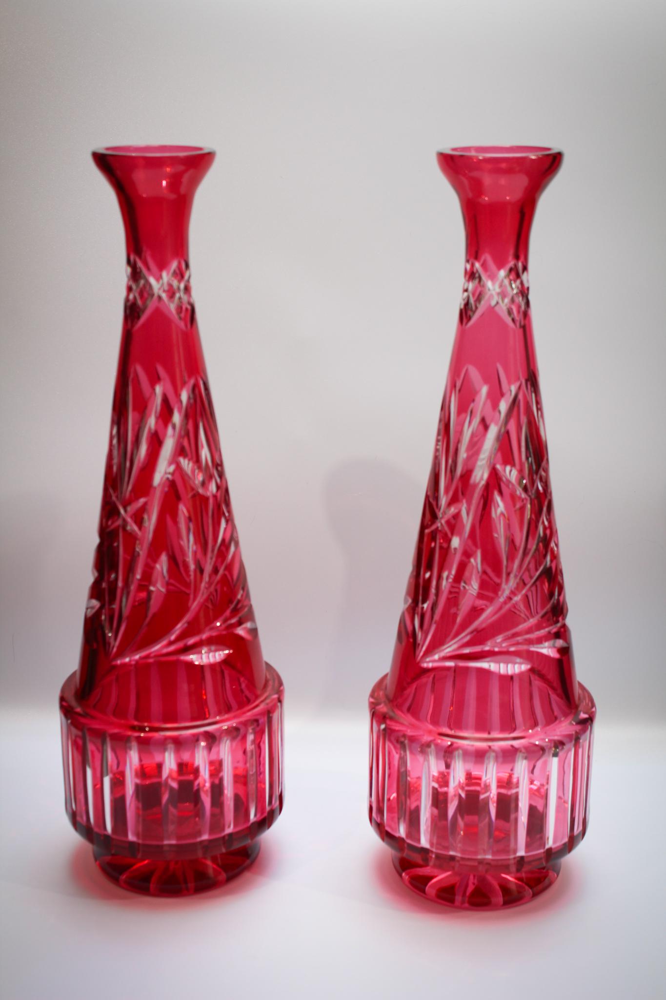 Pr. Cranberry cut to Clear 15" Mantle Vases (1 of 4)