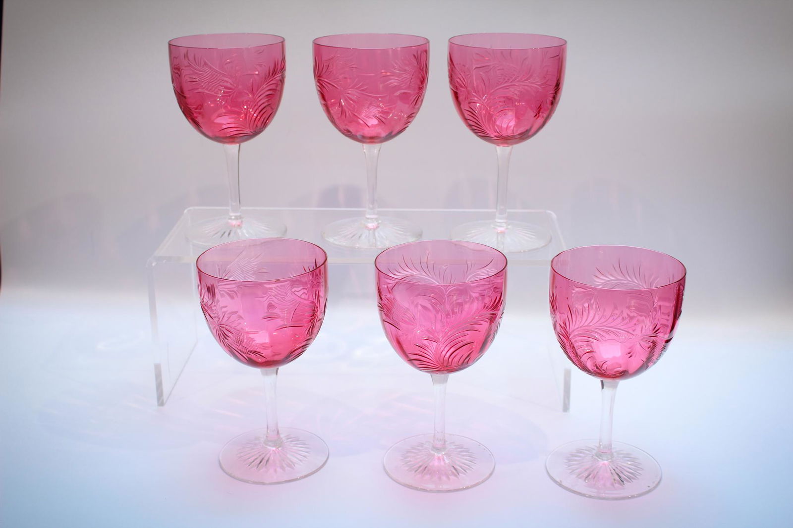 Lot 6 pcs. Cranberry Continental Cut Stems (1 of 4)