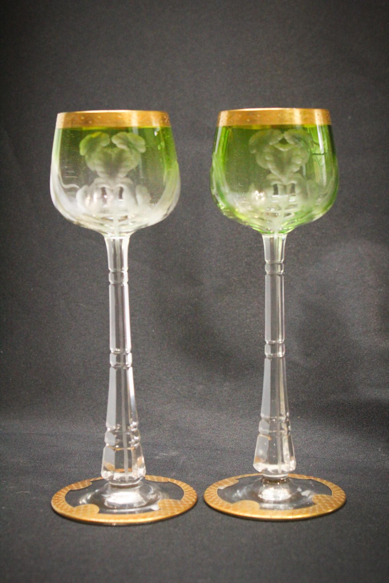 2 Pcs Moser Iris Intaglio Green Cut to Clear Goblet (1 of 3)