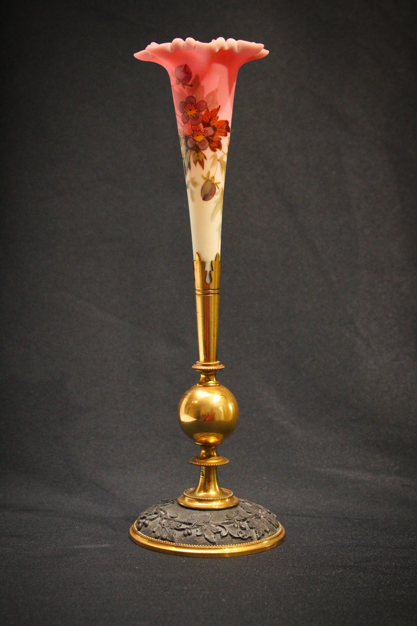 Webb Burmese Glass decorated Vase in Holder (1 of 3)