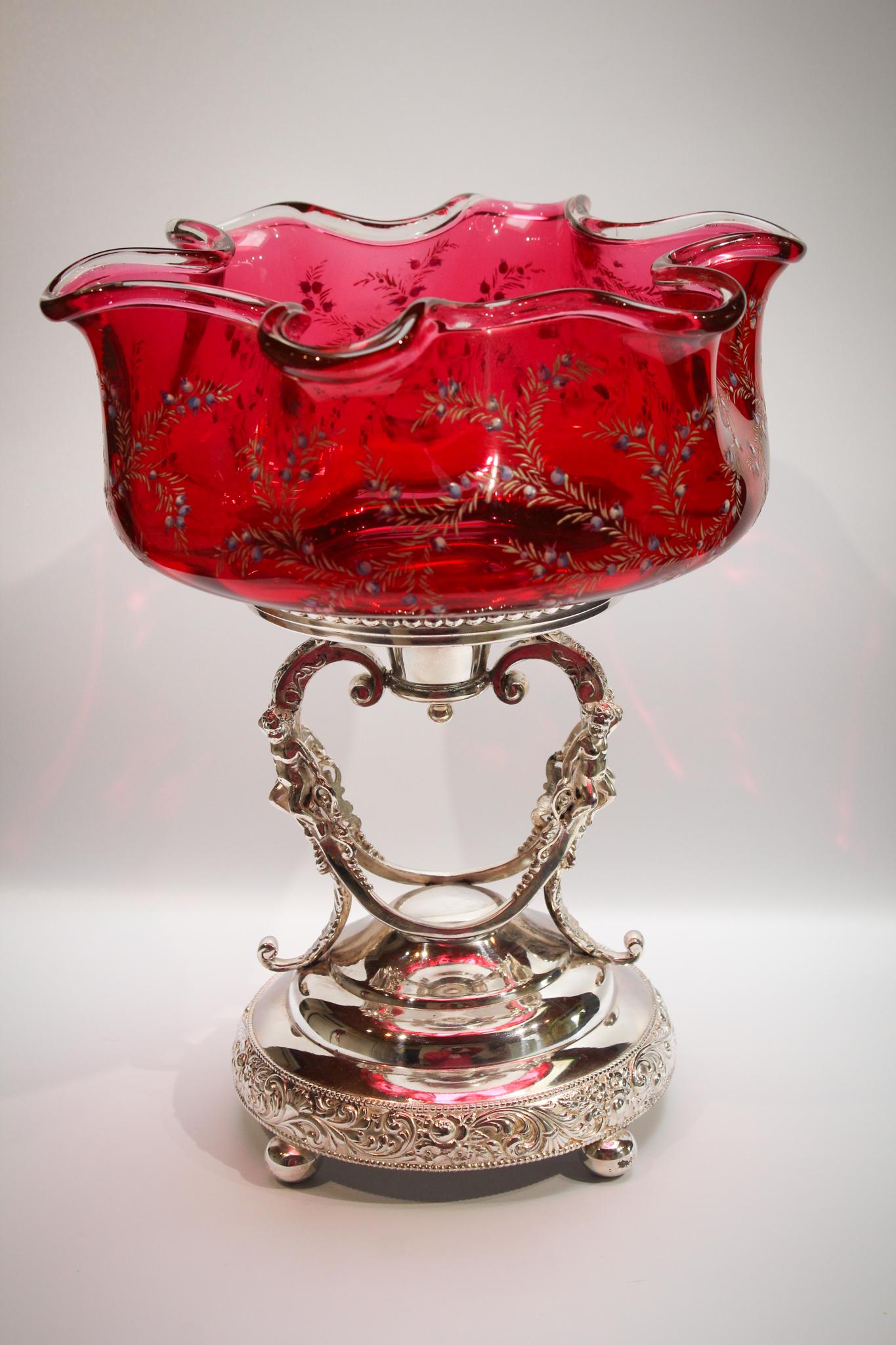 Stunning Cranberry Enameled Victorian Brides Bowl (1 of 8)