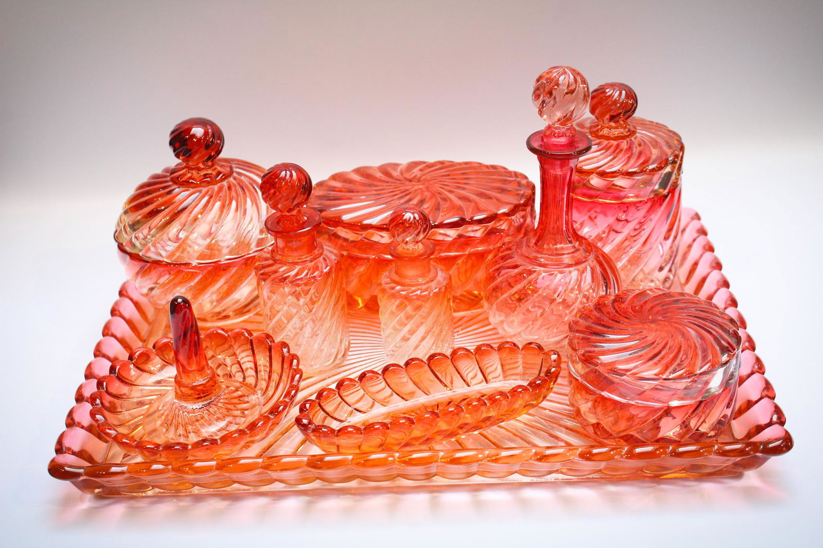 10 pc Lot French Baccarat Rose Tiente Glass Dresser set (1 of 12)