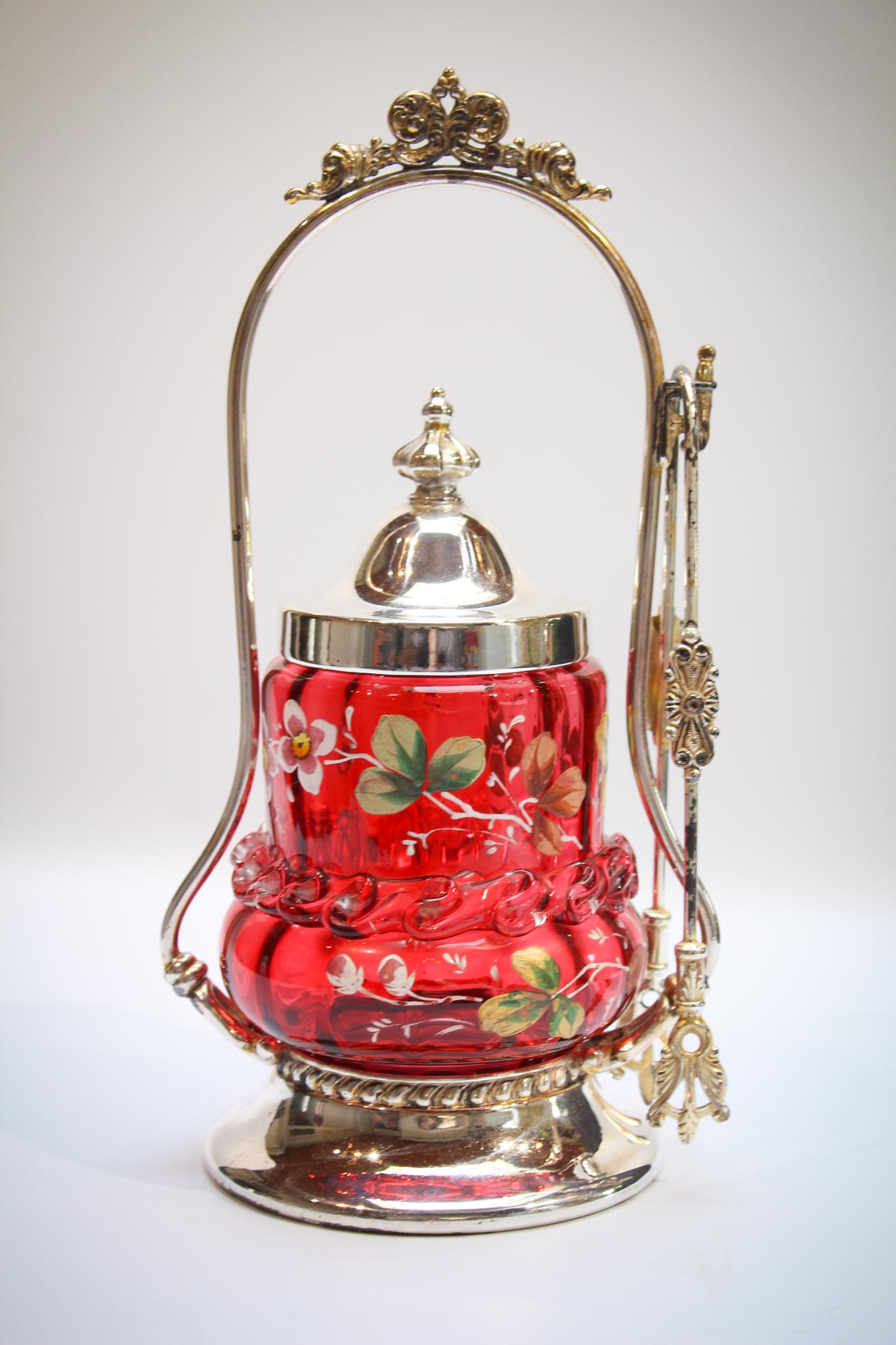 Cranberry enameled Victorian Adelphi Silverplate (1 of 4)