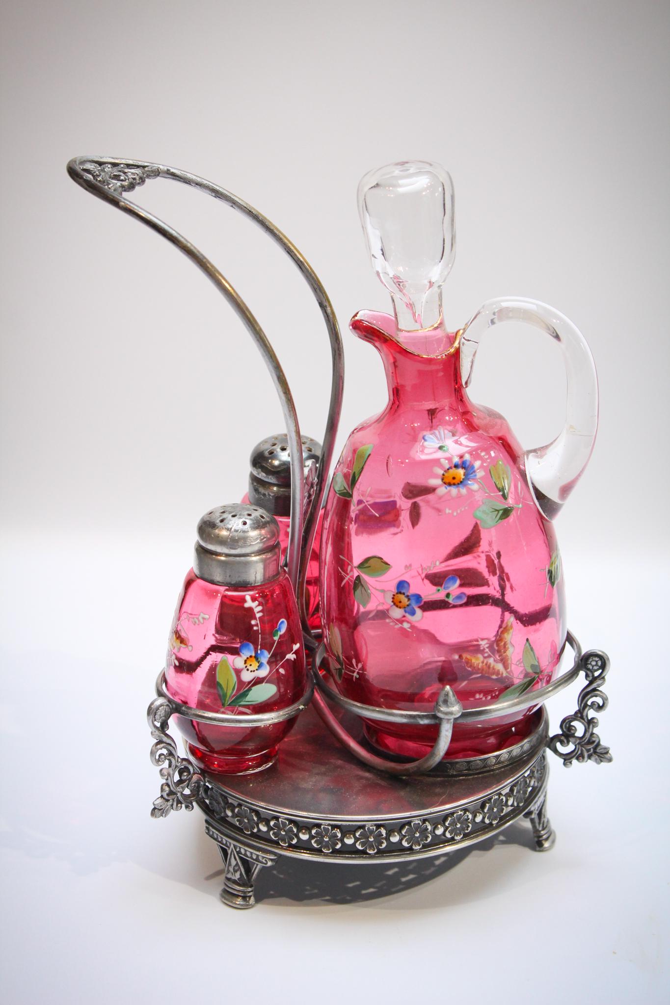 Rare Cranberry Victorian Enameled Glass Cruet Shaker (1 of 7)