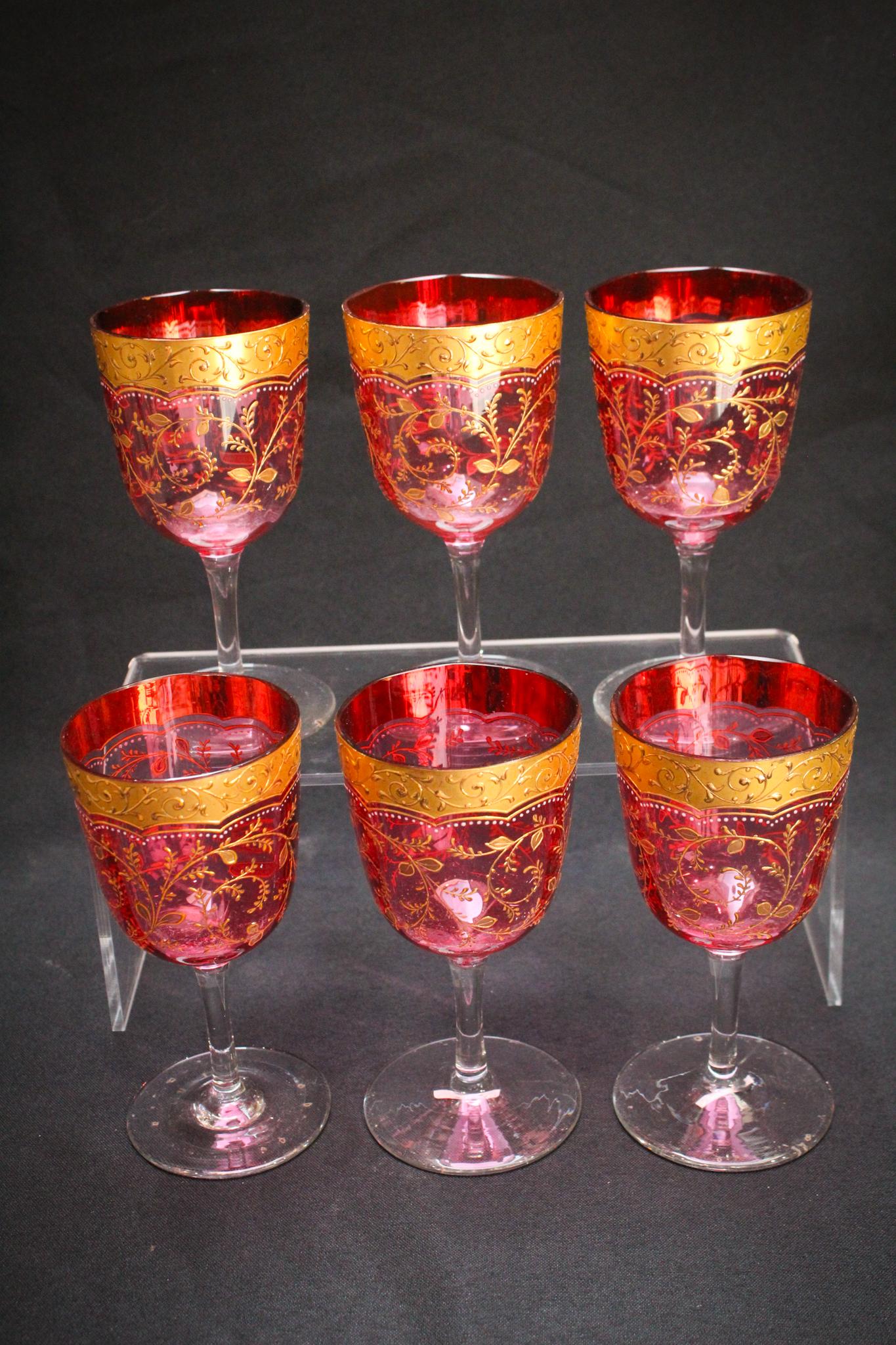 6 pc Lot Cranberry Glass Gilt decorated Moser type (1 of 4)