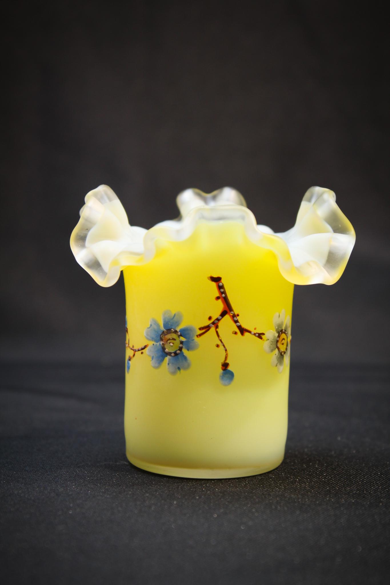 Rare Yellow Satin Victorian Enameled Toothpick Holder: A super nice and rare in this color Victorian Satin enameled Toothpick Holder. Tough to find in this color. Normally seen in blue and pink. Measures:3" tall, 3" wide. Condition: Excellent