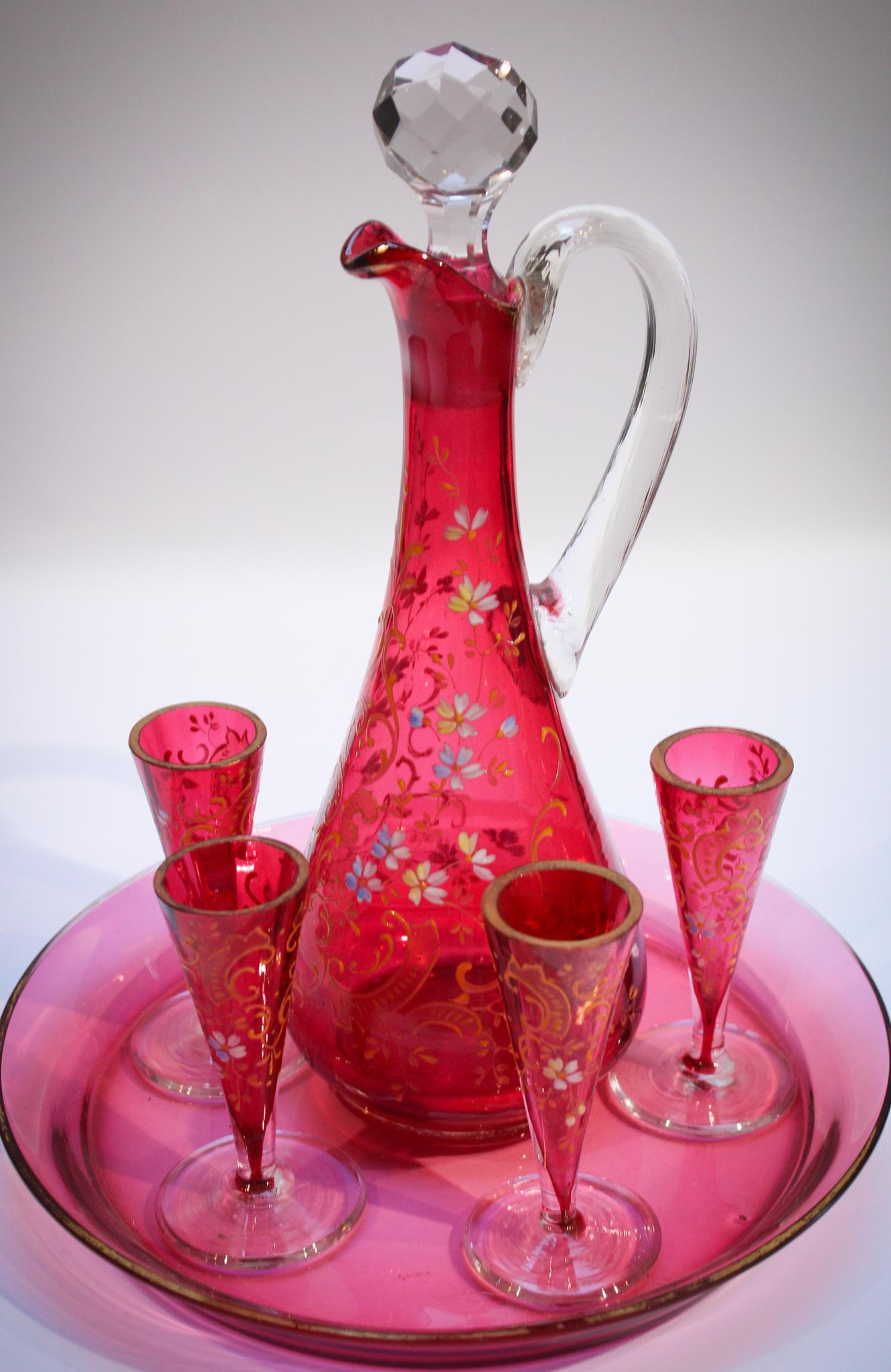 Moser Type Victorian Cranberry Enamel Glass Liquor Set (1 of 7)