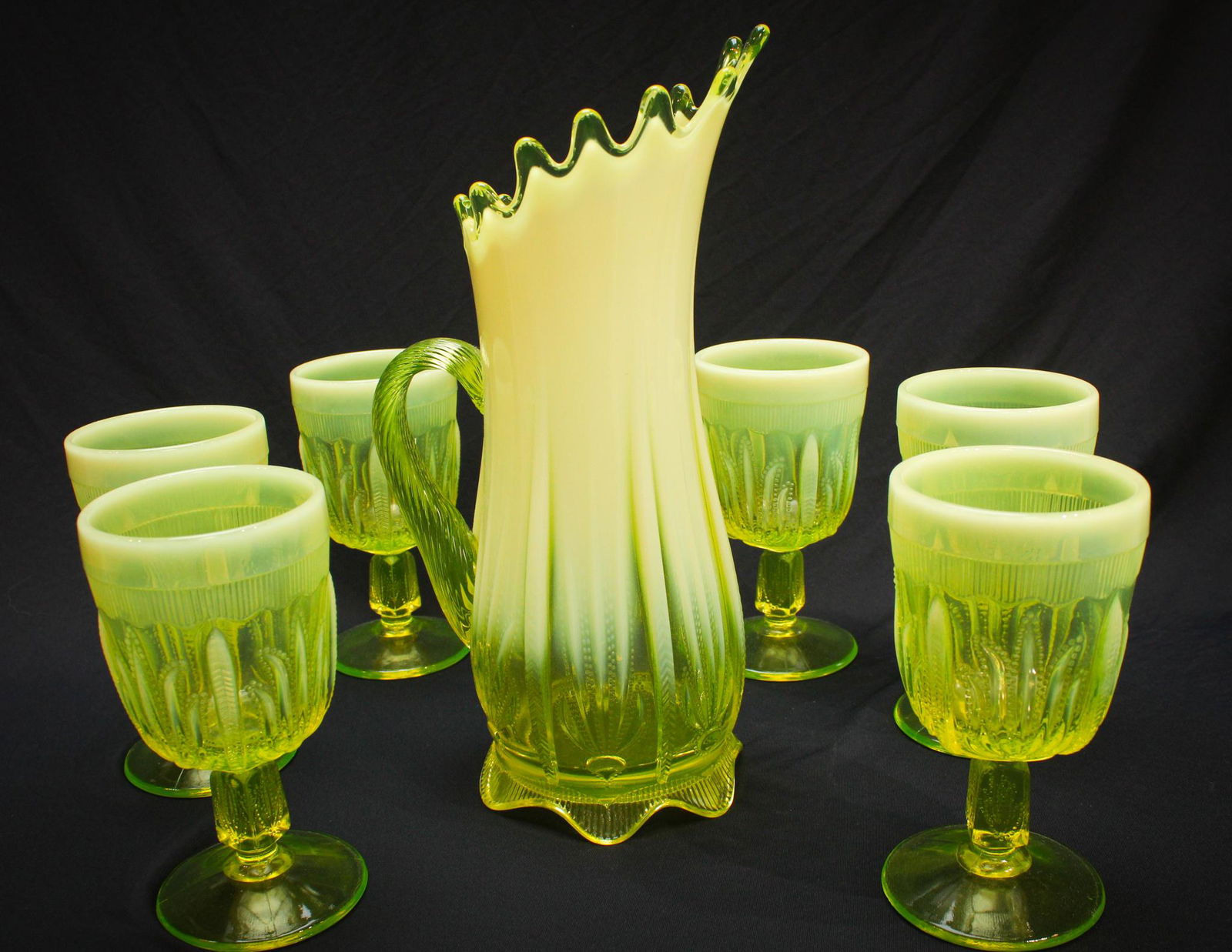 Fenton Levay Topaz Vaseline Opalescent Water Set (1 of 6)