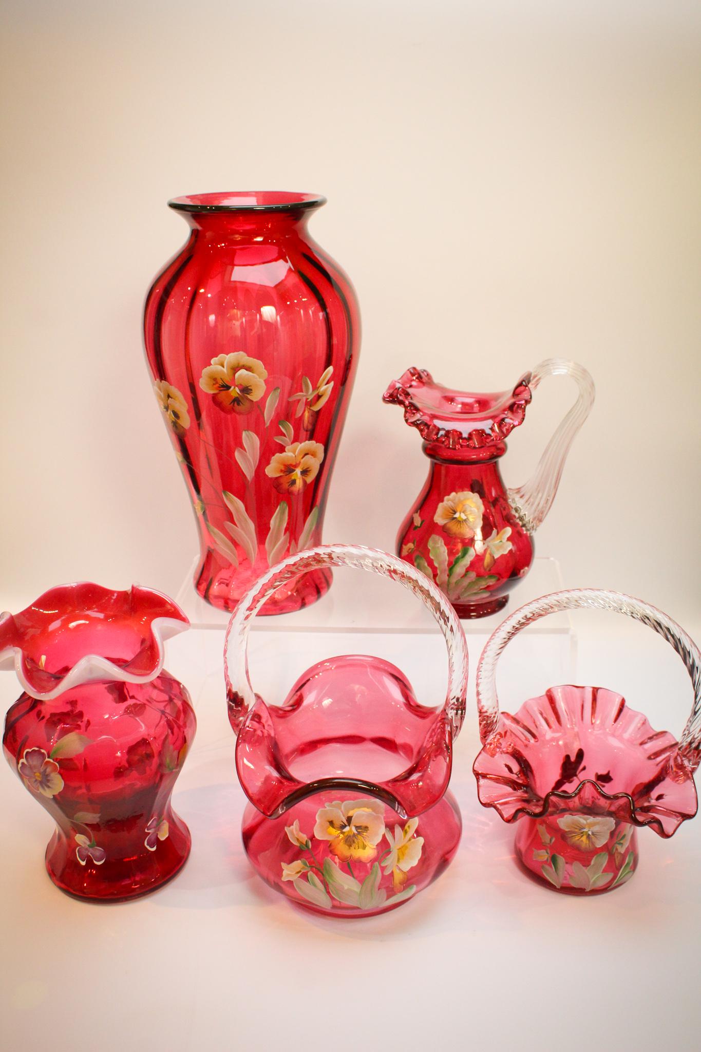 Lot 5 pcs Fenton Cranberry Glass Pansy Hand Painted (1 of 15)