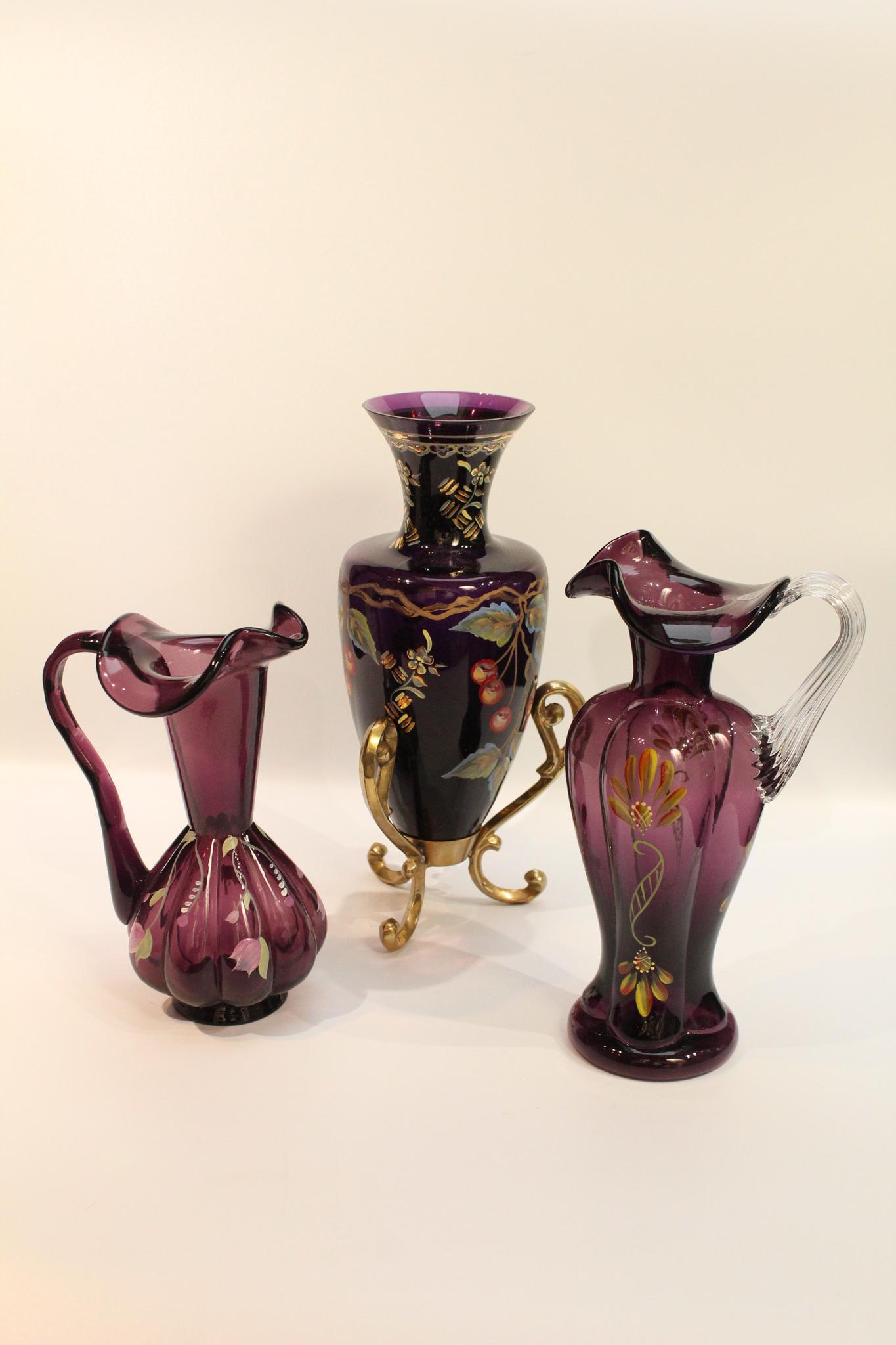 Lot 3pcs Fenton Royal Purple Glass Hand Painted: Lovely. Just lovely. A lot of 3 pieces of hand painted Fenton Royal Purple glass. Tallest measures: 10 1/2" high.