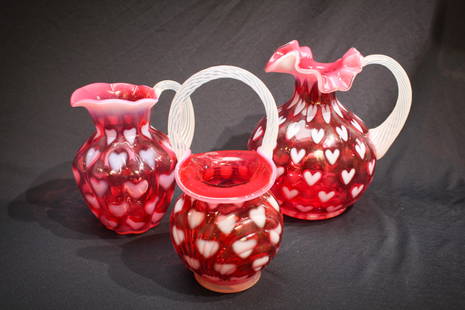 Lot 3 pcs Fenton Glass Heart Cranberry Opalescent: Makes you swoon right? Three pieces of cranberry Fenton Glass in Heart optic pattern. Just makes you melt. Tallest measures: 6 3/4" high.