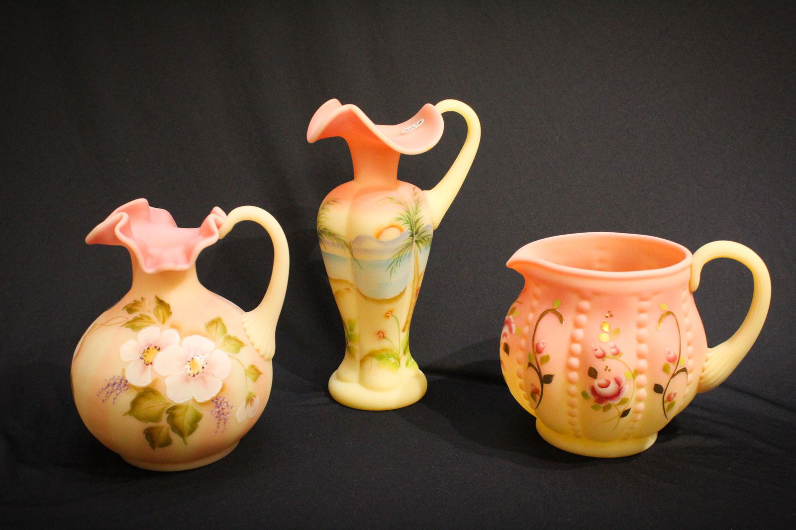 Lot  3pcs Hand Painted Burmese Fenton Glass Pitchers (1 of 10)