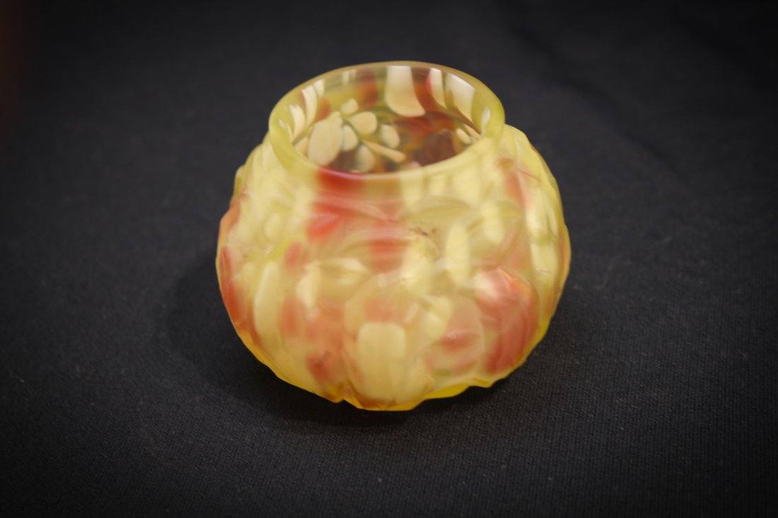 Northwood Vaseline Cranberry Leaf Mold Toothpick Holder: The color is wonderful on this gem. A Northwood Leaf Mold pattern Cranberry Vaseline toothpick. If you want a super example, it's right here. Measures 1 7/8" high.