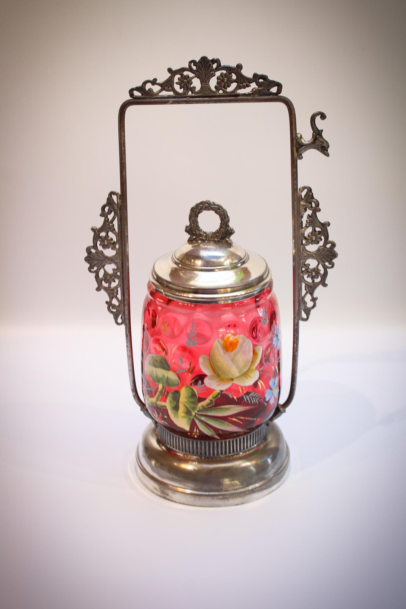 Victorian Cranberry enameled glass silverplate pickle (1 of 4)