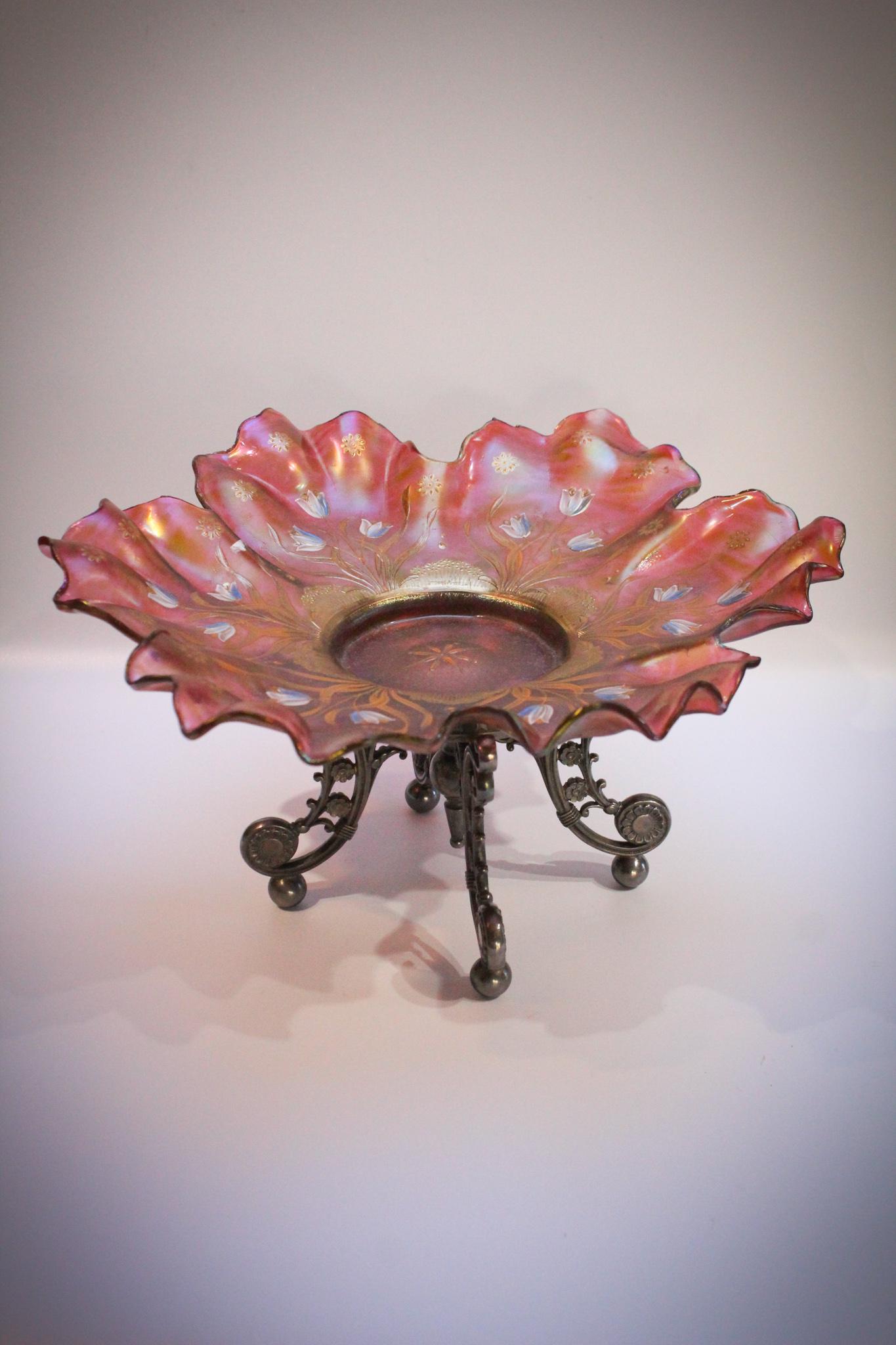 Loetz Rindskopf Tufts silverplate Brides Bowl: Attributed to Loetz or Rindskopf antique brides bowl set in a signed Tufts silverplate holder. Vibrant color and great enameling. Silverplate holder is very nice. Measures 12" diameter.