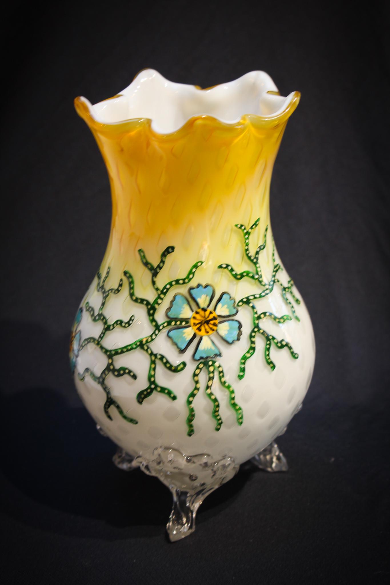 Victorian Glossy Mother of Pearl Celery Vase: Unusual piece of Mother of Pearl Victorian glass in Glossy diamond quilt mother of pearl with enameled decoration. Lovely piece in Champagne color. Seldom ever seen. Measures 8 3/4" tall.