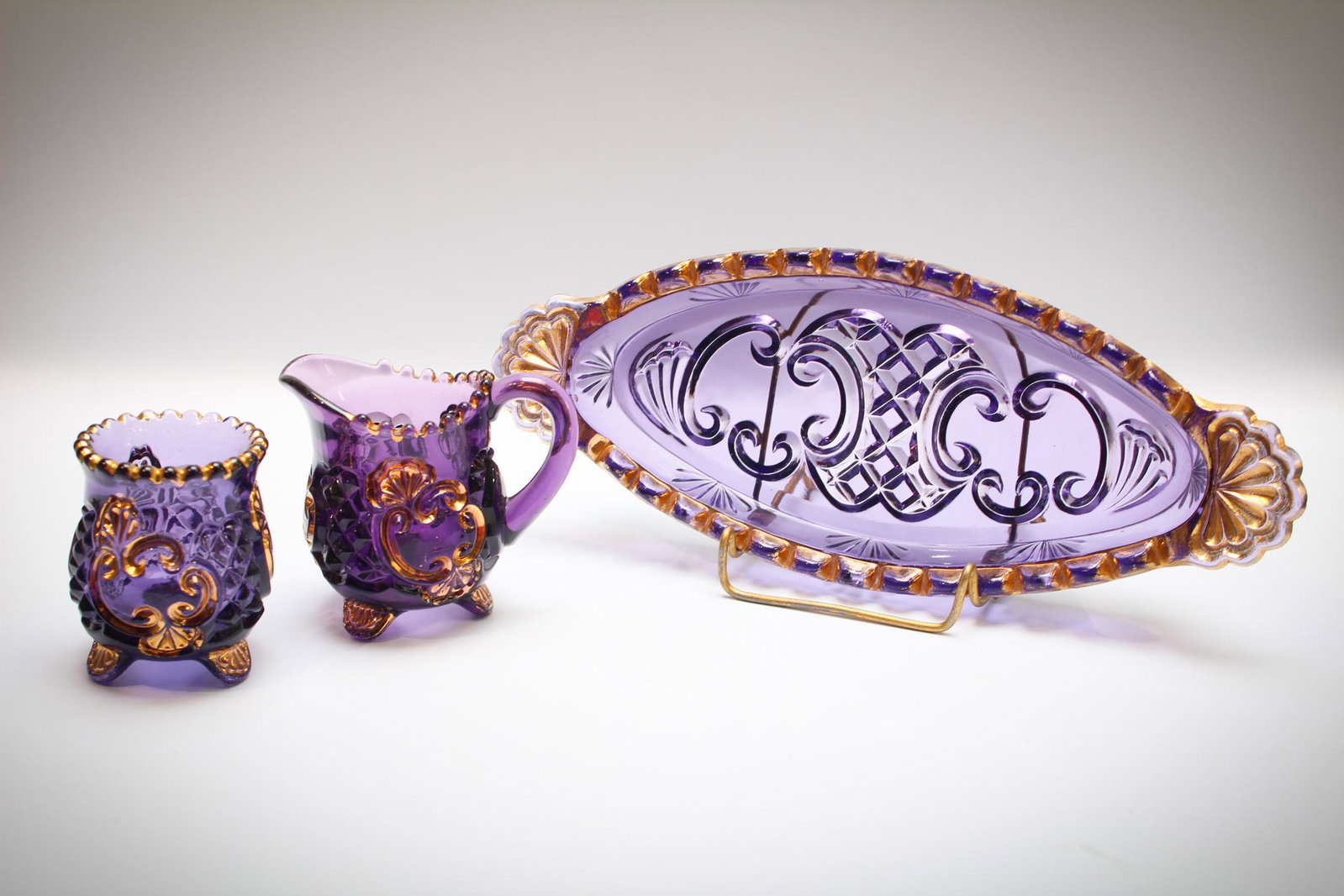 3 pc Lot Purple Croesus Toothpick, creamer and Pickle: A lot of 3 pieces of Riverside Purple Croesus pattern to include a toothpick, miniature creamer and a pickle tray. Beautiful and some nice pieces.