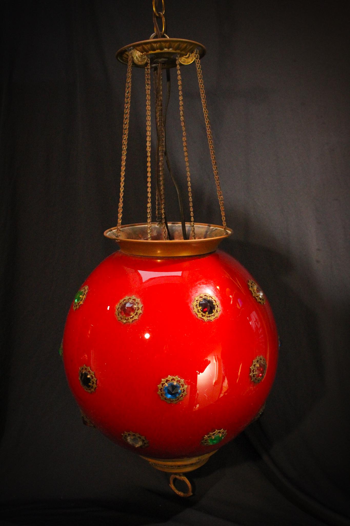 Rare 13" Maroon Victorian Jeweled Hanging Lamp (1 of 8)