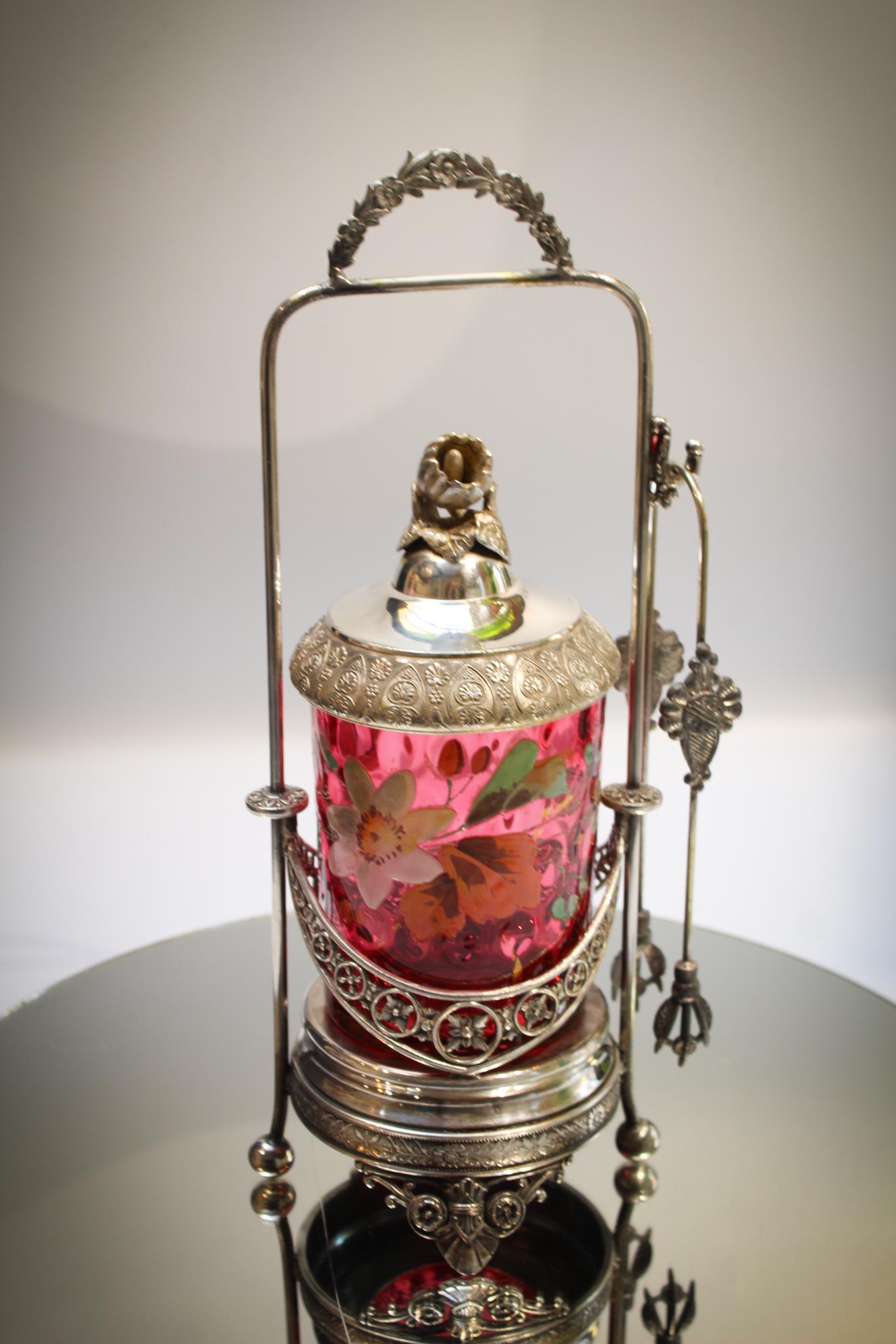 Cranberry Victorian Tufts Silverplate Pickle Castor (1 of 4)