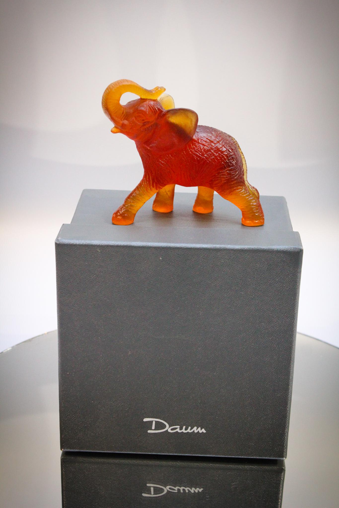 Daum France Pate de Verre Elephant w/ Box: What a great piece this is. A signed Daum France Pate de Verre Elephant figure complete with original box. Amazing detail and color. Measures 3 3/4" tall.