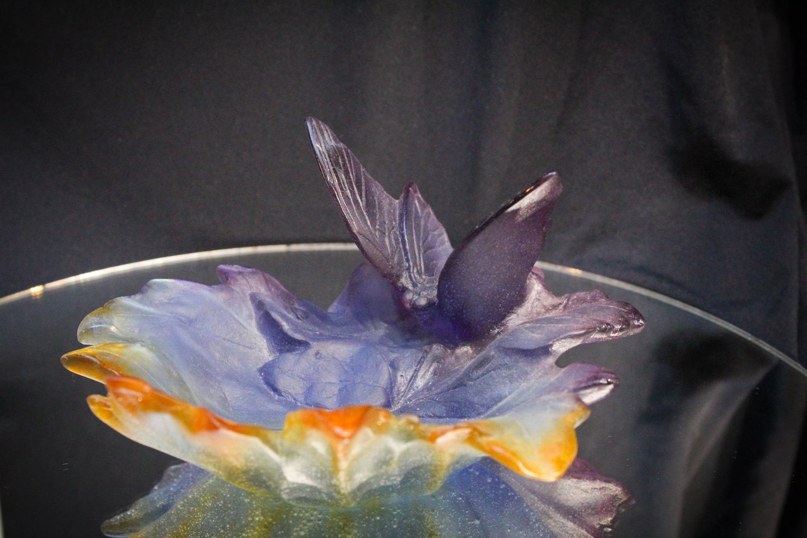 Daum France Pate de Verre Butterfly dish: Don't let this great piece fly away. A signed Daum France Pate de Verre Butterfly dish. Beautiful butterfly has spread wings. Measures 3 1/4" tall, 6 3/4" wide.