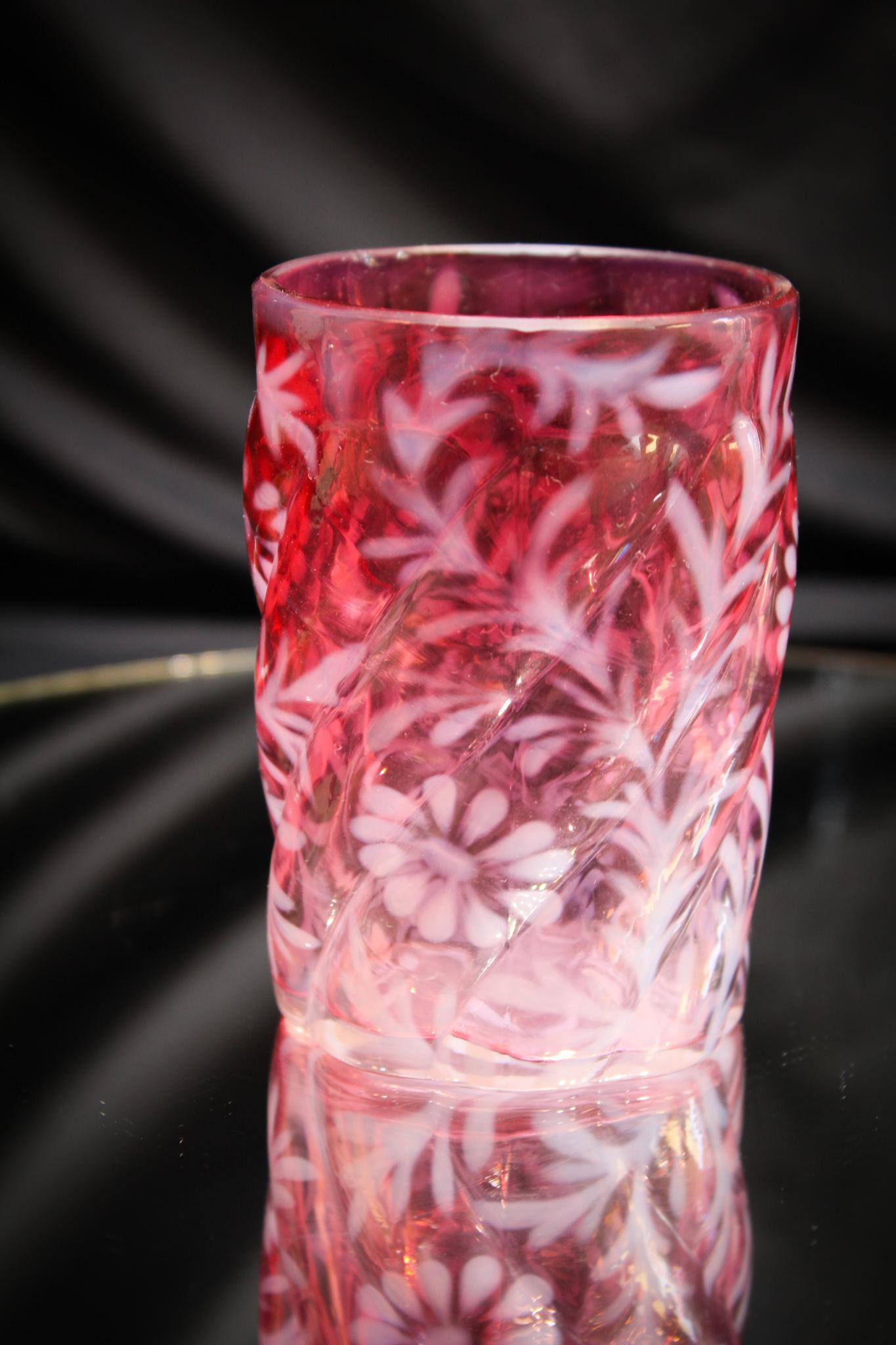 Northwood Cranberry Opalescent Daisy & Fern Tumbler A: We are offering two toughies here that you just don't find. Each in individual listings. Northwood Cranberry opalescent daisy and fern tumbler in the parian swirl mold. Clean example. Measures 4" tall