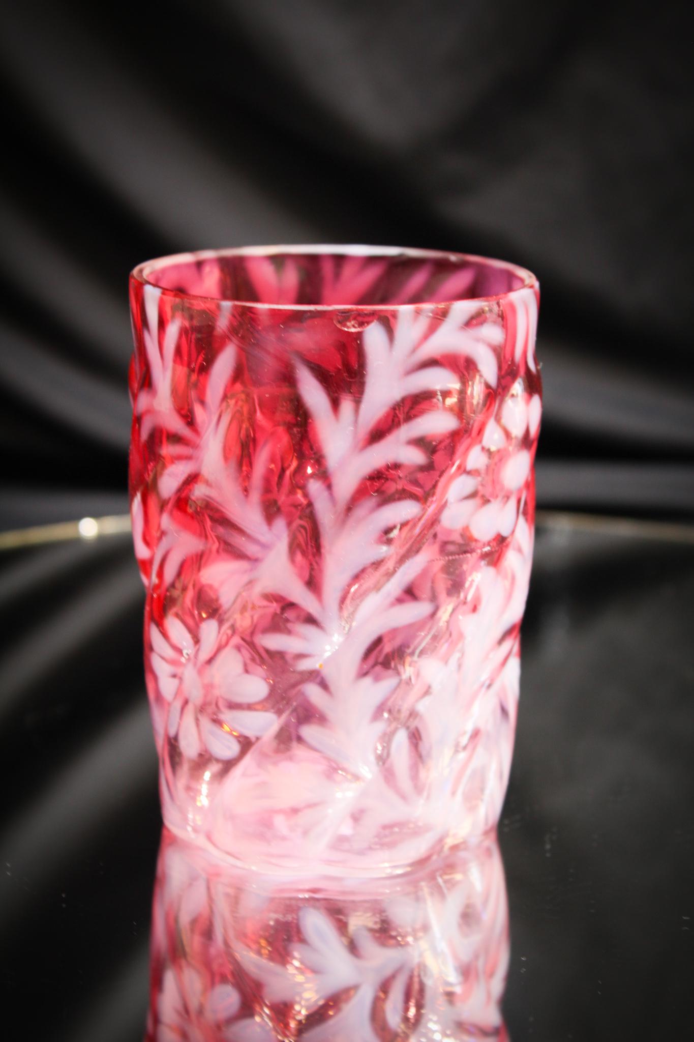 Northwood Cranberry Opalescent Daisy & Fern Tumbler B: Tumbler is another tough example of Northwood's Daisy and fern in the parian swirl mold. Clean example. Measures 4" tall.
