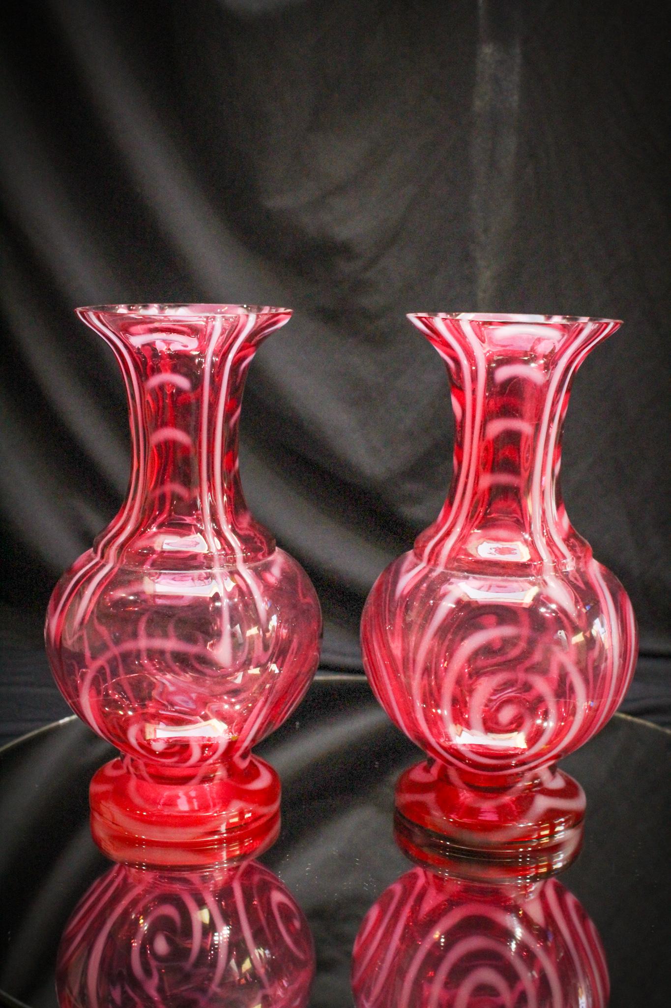 Pair Cranberry Opalescent Target Swirl Vases (1 of 4)