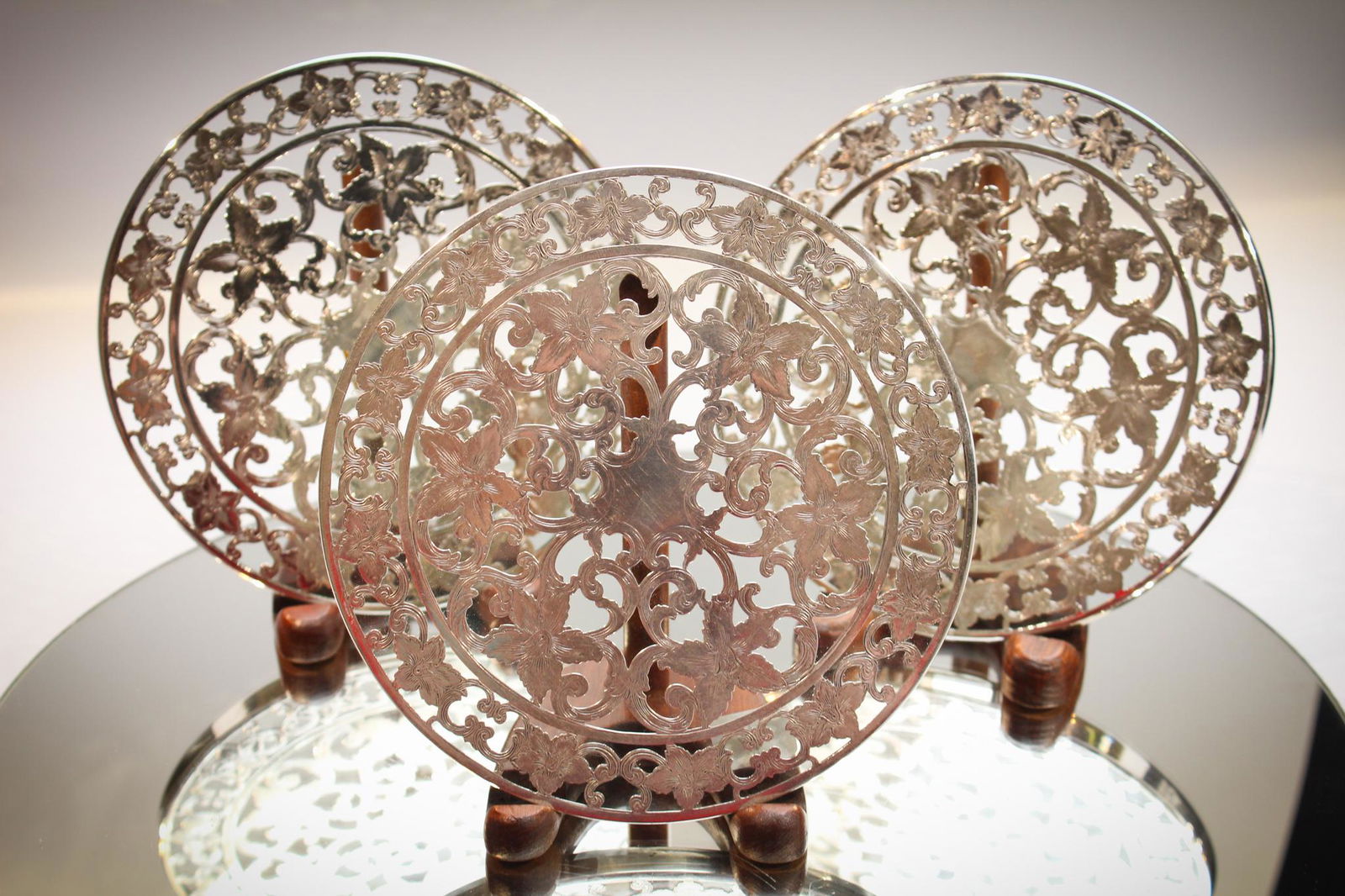 3 pc Lot Sterling Overlay glass Trivets (1 of 7)